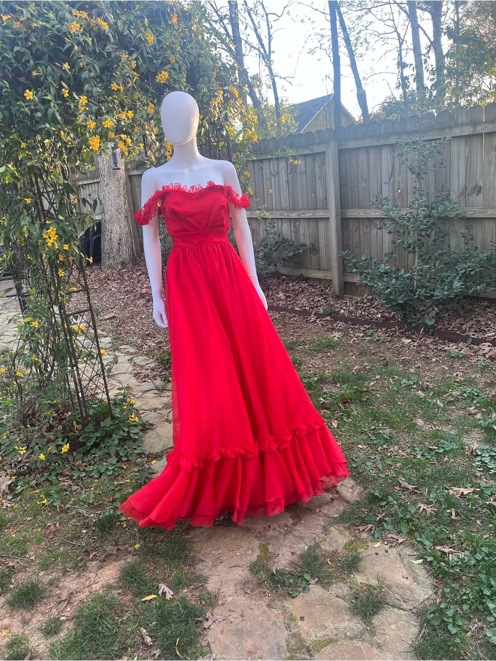 Vintage Red Strapless Ruffle Maxi Dress size 8 fits like a 2